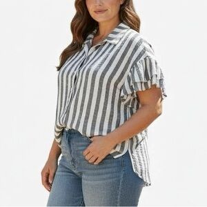 Jane and Delancey Gray Striped Button Down crinkle ruffle sleeve plus Shirt 2X